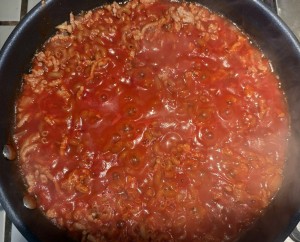 The boiling meat sauce before the macaroni is added. The finished Cheeseburger Macaroni is at the top of this page. Photo by Karen Salkin.