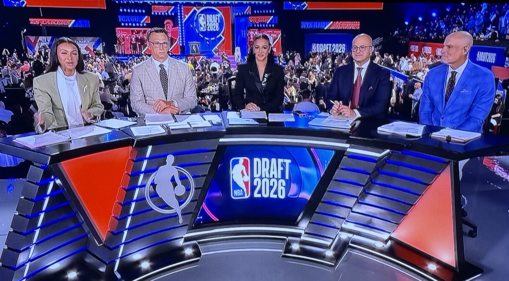 The Round One ESPN commentators, with host Malika Andrews on the left. Photo by Karen Salkin.