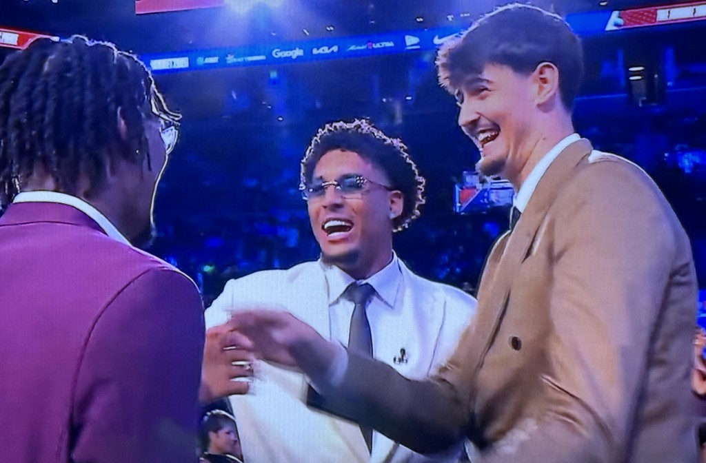Three members of the NCAA Champion Michigan team got drafted in the first round! (L-R)  Morez Johnson, Jr., Yaxel Lendeborg, and Aday Mara. Photo by Karen Salkin.