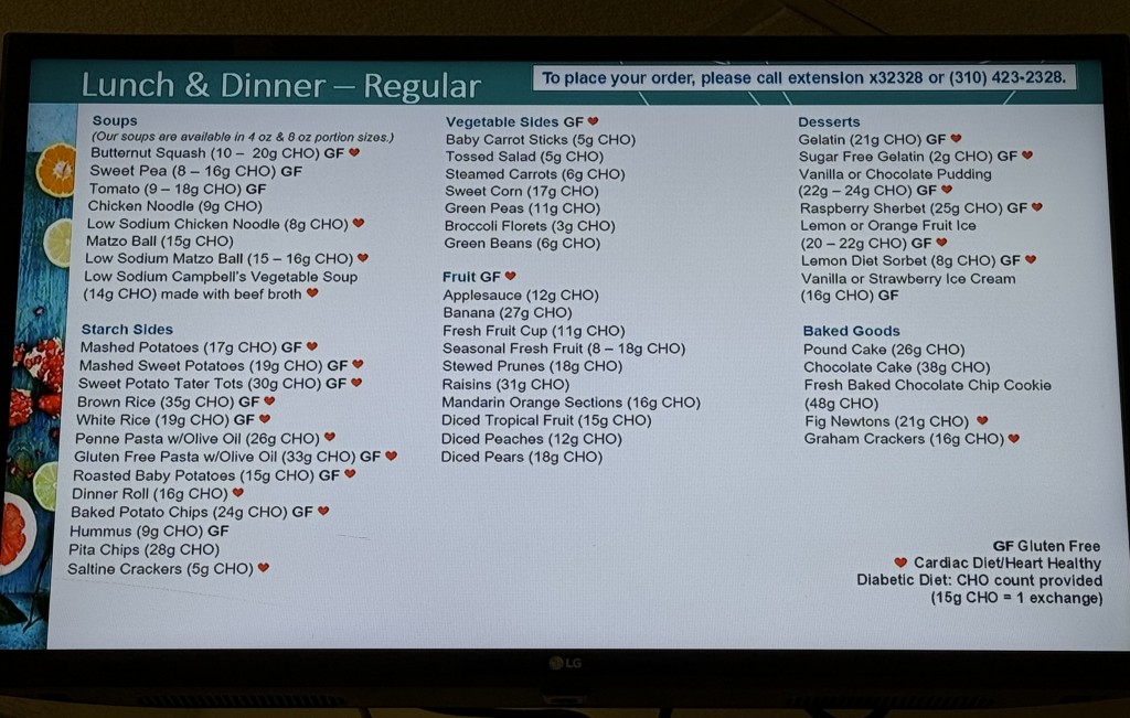 One of the food menus...on the TV screen!!! Photo by Karen Salkin.